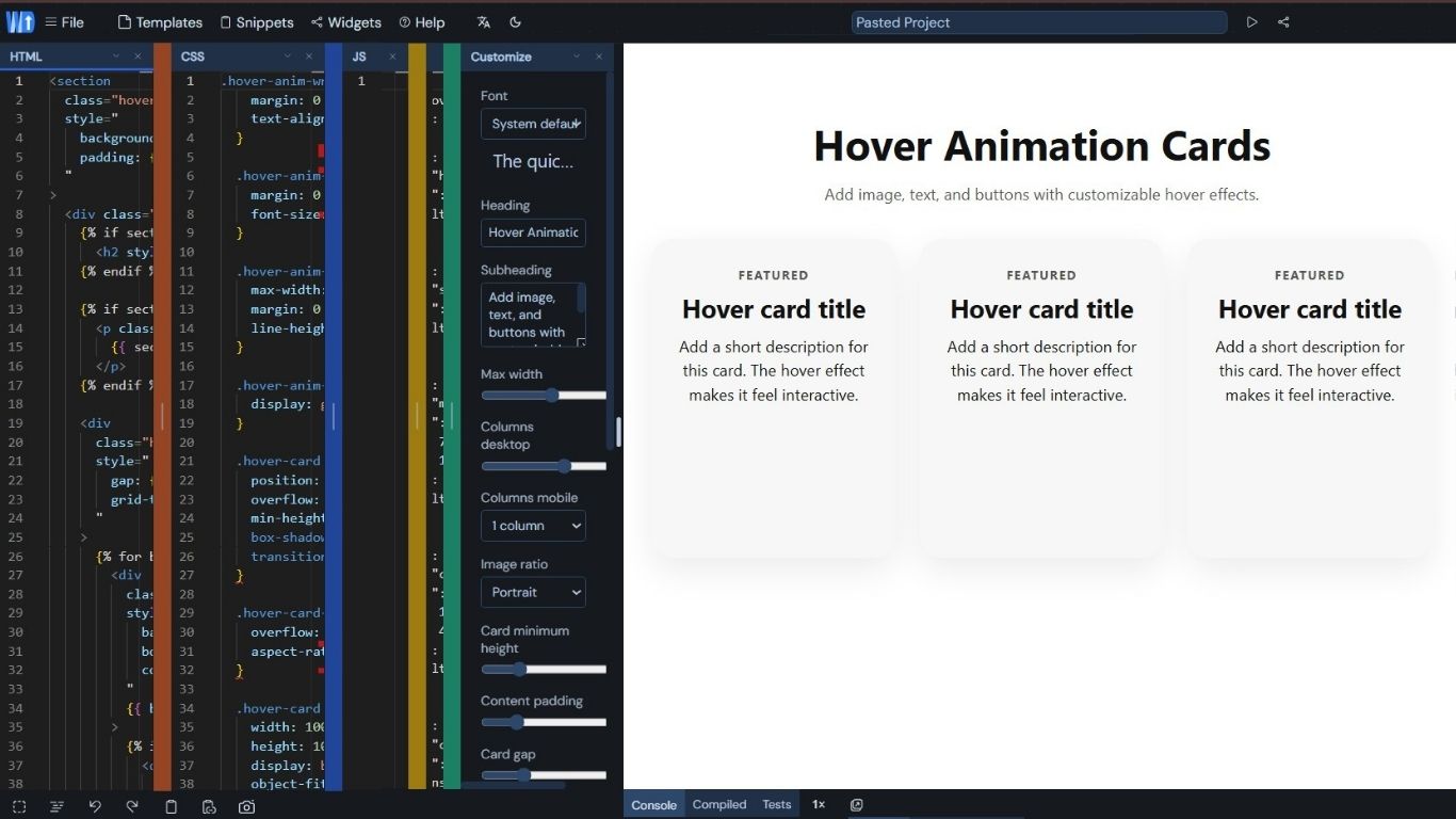 Code assigned to the widget with live preview